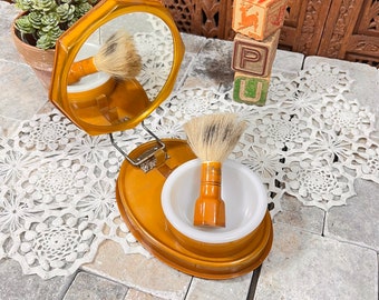 Be ready to travel Shaving Kit w/ Collapsible Celluloid Framed Mirror, Milk Glass Bowl & Brush Vintage