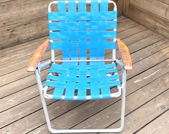 Folding Deck / Lawn Chair - Wood Armrests - Vintage Aluminum Frame, Blue Webbing