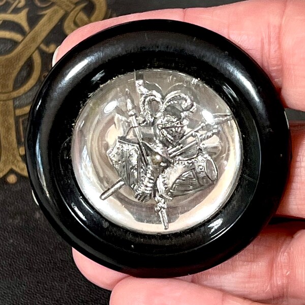 Large Button Bakelite w/ Metal 3D Coat of Arms  Silver Tone Metalwork 2" Diameter - Sewing, Collectible, Crafts, Costume Making