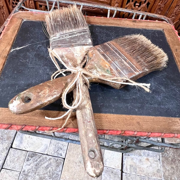 Paint Brushes / Wood Handles - Collection of 2 Both by Purdy - Old Used Full of Patina - One Angled and One Flat