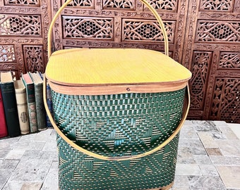 Where's the potato salad? - Picnic Basket Green Woven Wood - Hinged Solid Wood Cover Vintage Storage Hamper Display Prop 12 1/2" high