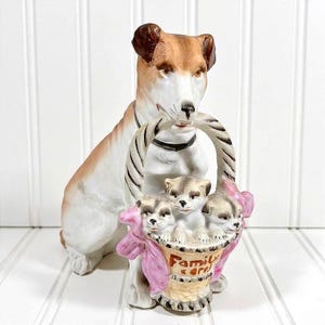 Dog Figurine Basket full of Puppies Bisque Ceramic Vintage