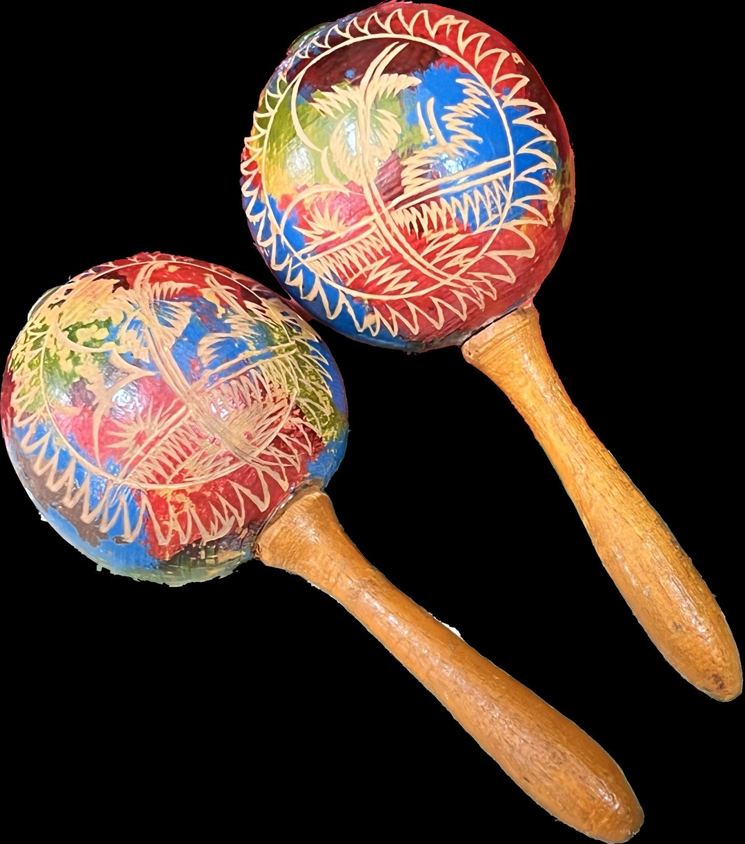 Vintage Maracas Spanish Musical Instrument Carved and Painted / Stained