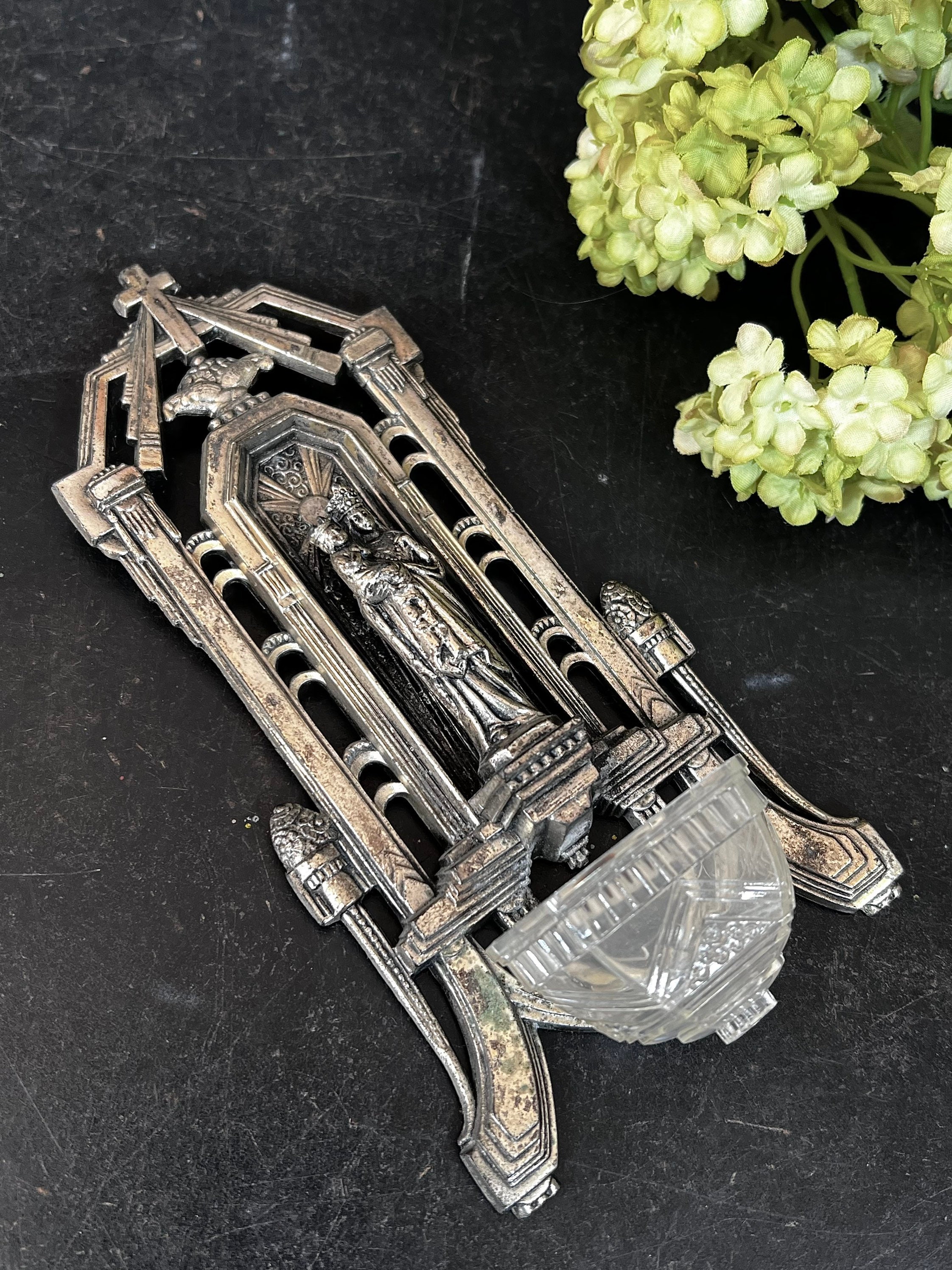 source of holy water, vintage metal blessing box, old holy water, Small Metal Blessing Box