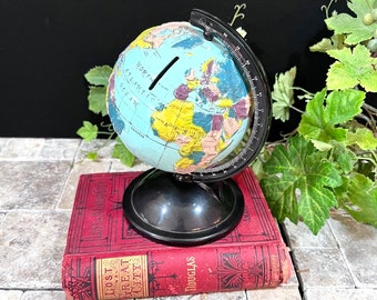 Commonwealth Plastic Corp. World Globe Coin Piggy Bank on Stand w/ Half Meridian - Vintage Topographical Raised Surface Relief Map