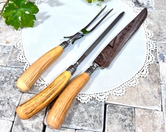 Has a nice woodsy feel Cutlery Set Knife, Fork and Knife Sharpener Royal Brand Cutlery Co. - Faux Bone Handles - Vintage