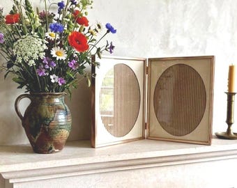 Metal Photo Frame,  Hinged Double Side w/ Oval Mats Holds 10 1/2" 8 1/2" Picture - 1" thick
