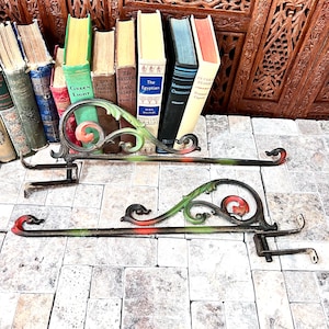 Unusual Cast Metal Curtain Panel Hangers Pair of Left and Right Painted Polychrome w/ Wall Mount Brackets - Swing Arm Style Drapery Rods