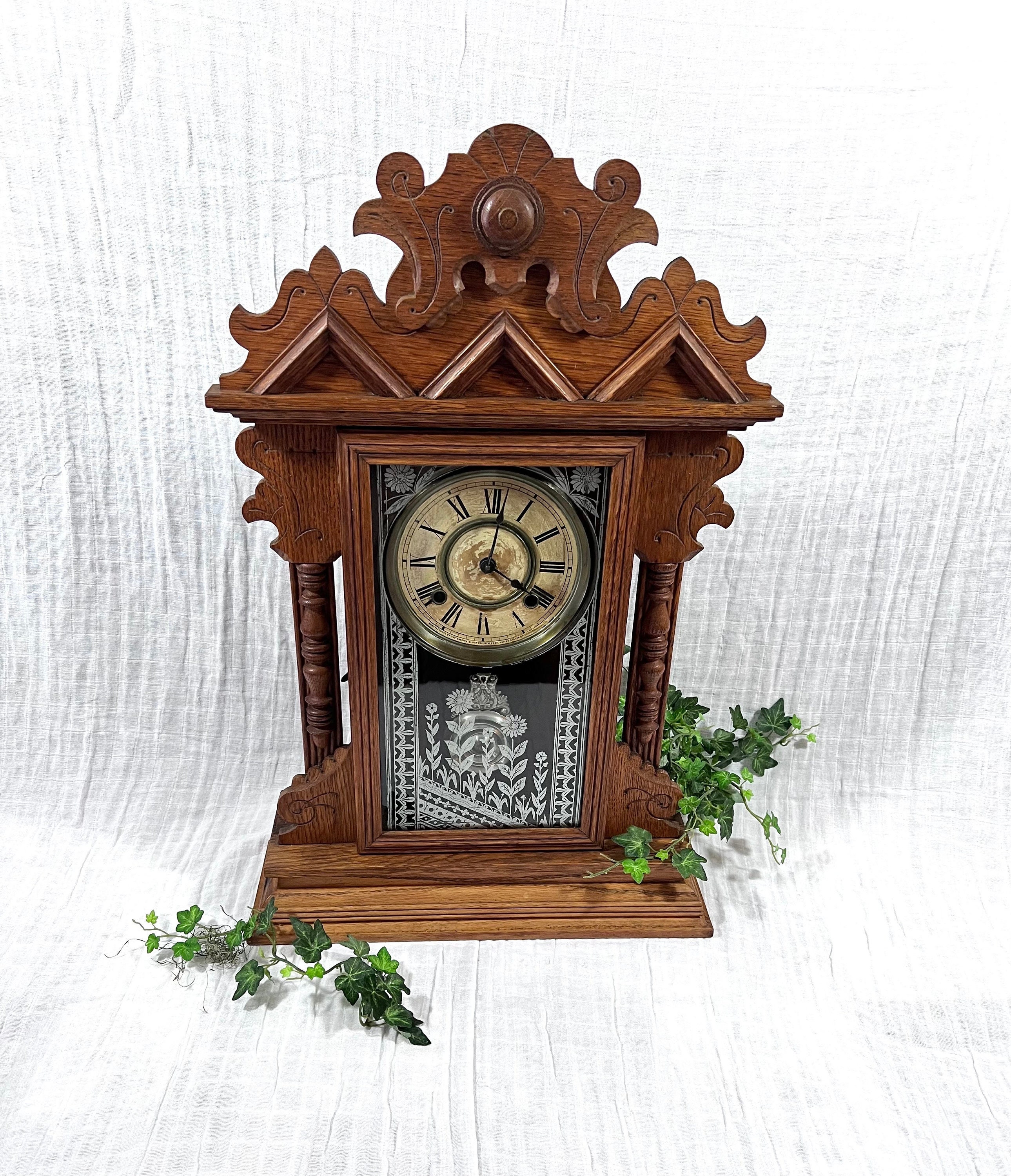 Ansonia Gingerbread Oak Wood Mantle Clock W/ Pendulum Etched