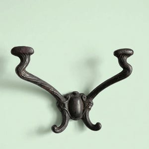 May include: A dark brown, ornate wall hook with two curved arms and a central decorative element. The hook is made of metal and has a vintage, antique appearance. The design features swirling details and a classic aesthetic.