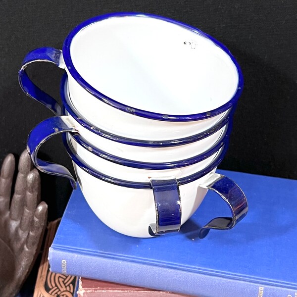 4 Enamelware Cups w/ Blue Trim & Open Bottomed Handles -  Unusual Style Camping / Rustic / Primitive Coffee / Tea Cups Drinkware