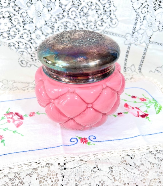 Pink Glass Quilted Glass Biscuit / Cookie Jar W/ Silver Plate Lid