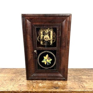 Mantle Clock Wood Case, New Haven - Antique - Non Working, Reverse Painted Glass Door