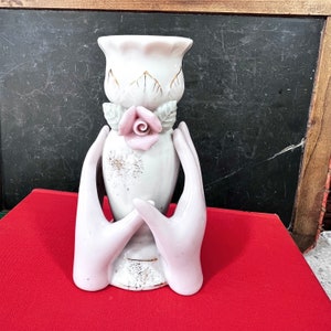 Big hand for a little lady - Ceramic Hand Vase - Two Upright Hands Holding a Fluted Vase w/ Pink Rose - For Decor, Display or Prop - 5" High