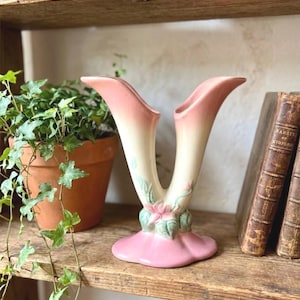 May include: A vintage pink and cream-colored ceramic vase in a V-shape, with a floral design at the base. The vase is displayed on a wooden shelf with a potted plant and antique books.