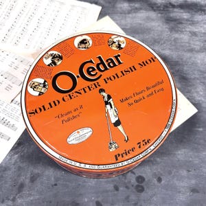 Tin Box w/ Lid O-Cedar Polish Mop - 1938 Vintage Storage, Prop, Display, Decor Collectible Box - Red/Orange w/ Black White