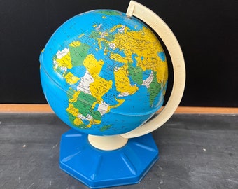 Around the world - Metal Table World Globe - J. Chein & Co Desk Table Bookshelf Decor -  Smaller Sized Lithographed Tin  7 1/2" Globe