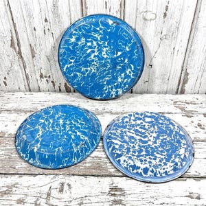 3 Pie, Cake Pans - Blue White Enameled Metal Spatterware