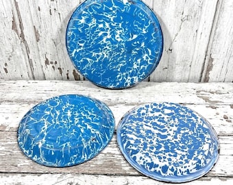 3 Pie, Cake Pans - Blue White Enameled Metal Spatterware