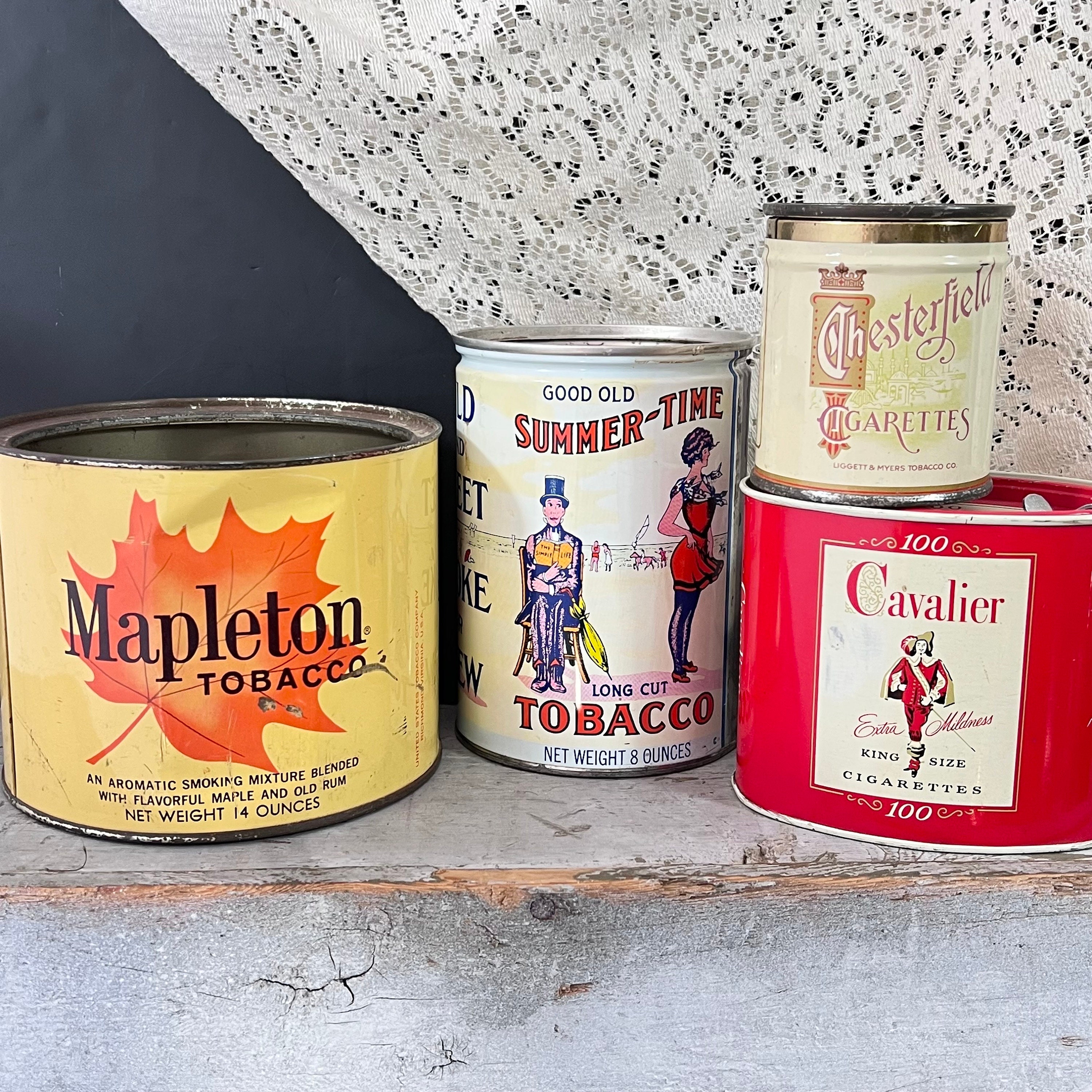 Tobacco Tins Set of 4 Mapleton Tobacco - Summertime Tobacco - Cavalier  Cigarette - Chesterfield Cigarettes - Vintage Advertising Storage