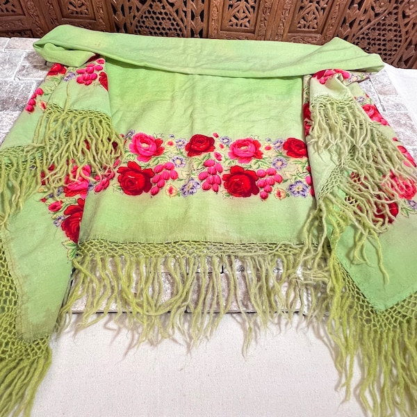 Shawl Vintage - Fringed Green Piano Scarf Printed Fabric - Colorful Floral Design - Fine Wool Wrap, Cover up -  Sold As Is