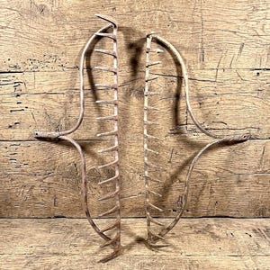 May include: Two weathered metal garden rakes with long, curved handles and multiple sharp, pointed tines. The metal surfaces show signs of oxidation and age, with a textured, brownish-grey patina throughout the structure of both tools.
