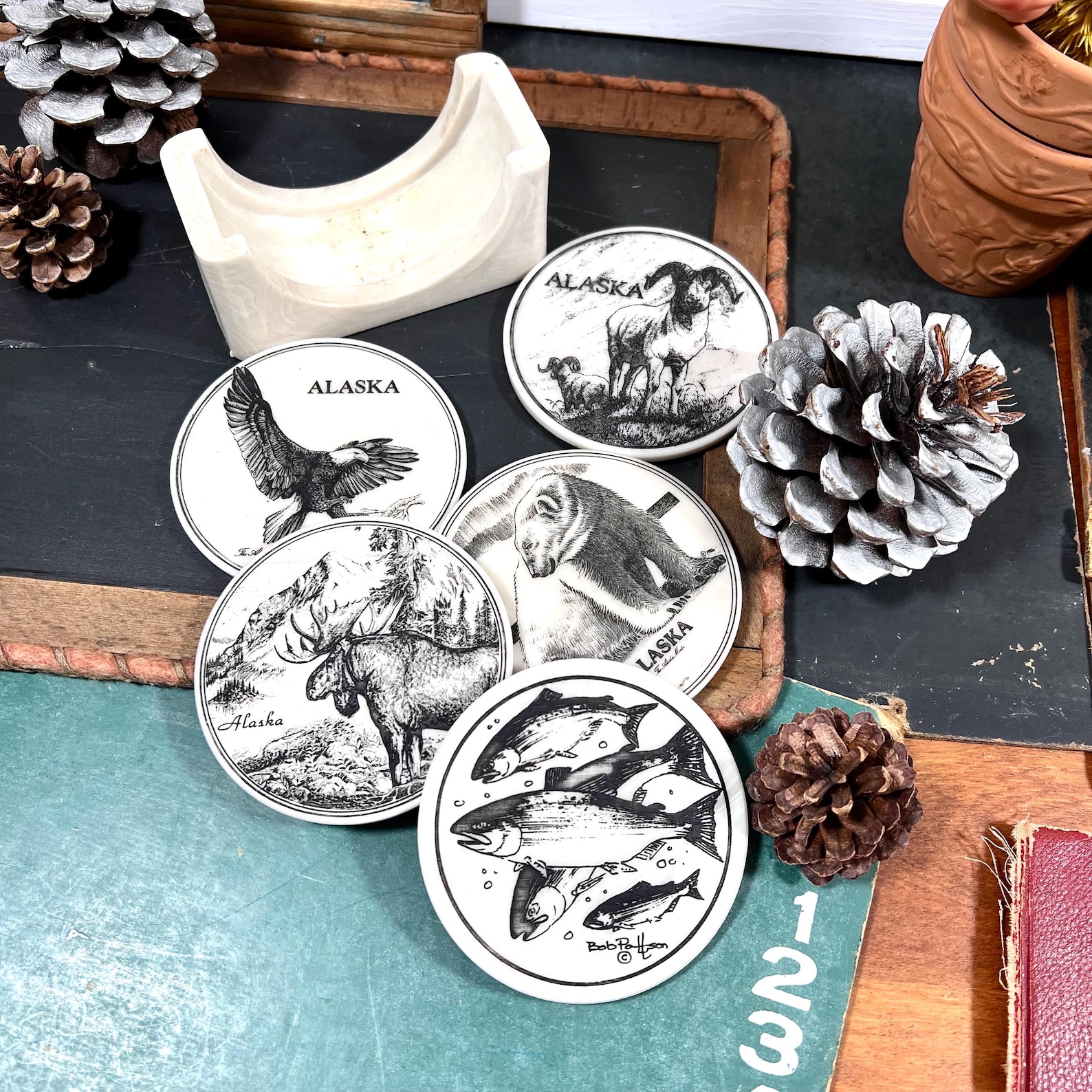 Vintage Coaster Set Alaska Wildlife, Moose, Fish, Eagle, Polar Bear, Dall Sheep