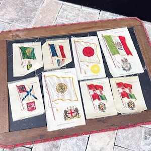 Unusual Set of Flag Nebo Silks - Cigarette Premiums International Flags - 8 Pc.- Austria - Hungary, Poland, Ireland, India, Japan, France