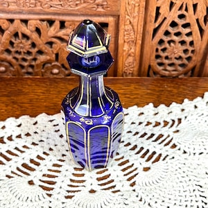 Gorgeous Perfume Bottle Cobalt Blue Glass w/ Hand Painted Gold Design Matching Dauber - Vintage