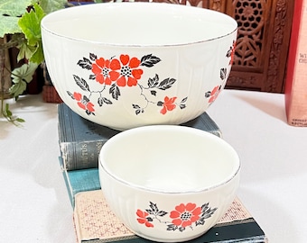Hall Mixing Bowls - Poppy Radiance Bowl w/ Platinum Rim - Vintage One 9" D and One 5 1/4" D - Made USA