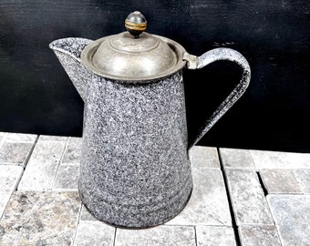 Somebody needed a lot of Coffee! Gray Enamel Graniteware Coffee Pot - For display only - Metal Hinged Lid w/ Wood Knob