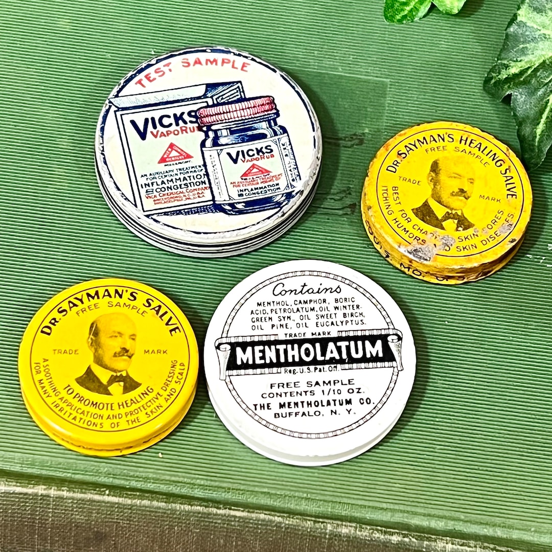 Four Tiny Tins Medical / Home Cure Medicine All Round 1 by Vicks, 2 by