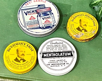 Four Tiny Tins Medical / Home Cure Medicine  All Round 1 by Vicks, 2 by Dr. Sayman's Salve and 1 by Mentholatum