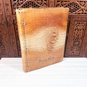 May include: Vintage brown leather photo album with embossed Native American profile and feather headdress. The album has a textured, crocodile-like pattern and the words "Souvenir Cards" are embossed on the front.