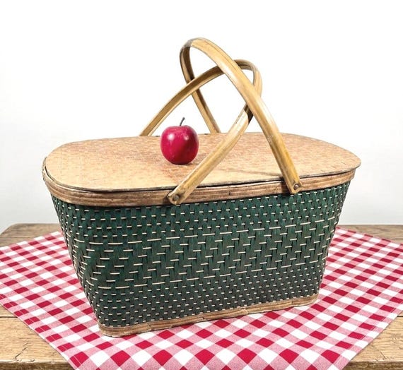 Picnic Basket Green Woven Wood - Hinged Solid Wood Cover Vintage