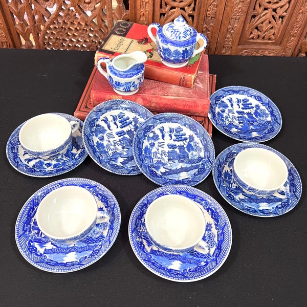 Her Dolls needed some Blue Willow 12 Pc Blue White Tea Cups & Saucers, Sugar Bowl w/ Lid + Creamer Miniature Japan Dishes - Vintage