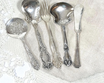 5 Pc. Mismatched Fancy Sterling, Silverplate - Sugar & Bon Bon Spoon, Butter Knife, Dessert Fork