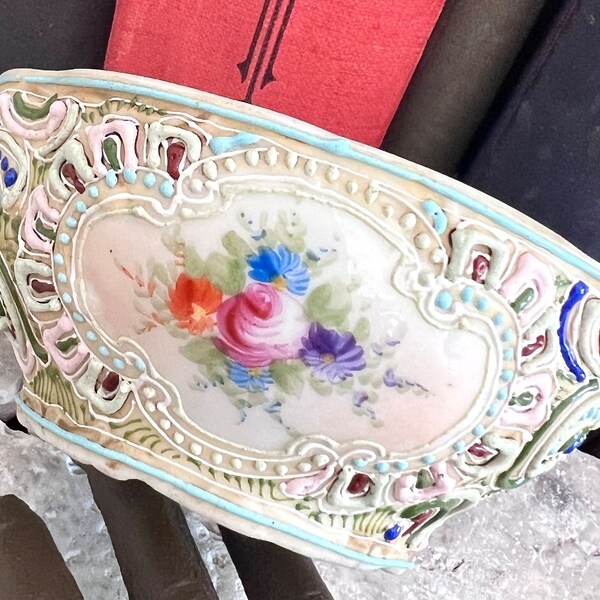 Moriage Raised Bowl Vintage - Antique Lovely Victorian Era Ornate Applied Design - Nippon Multicolored Applied Decoration