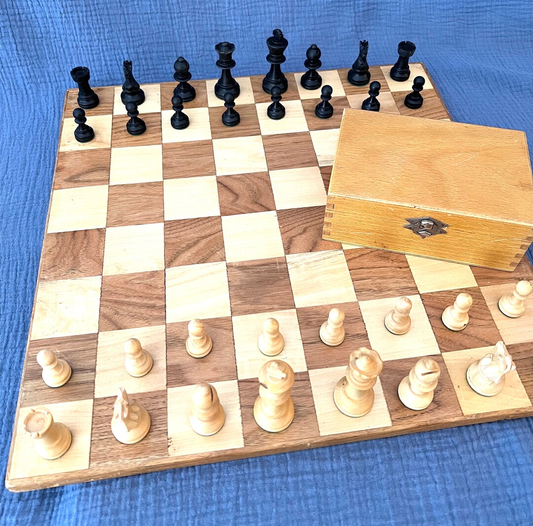 Wood Chessboard Plus 32 Wood Game Pieces W/ Hinged Storage Box Etsy