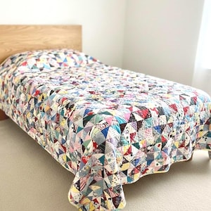 Vintage Hand Sewn Patchwork Quilt 1970 Yarn Tied Wool Batting - 85 1/2" x 66 1/4"