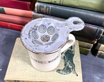 Graniteware Tea Leaf Strainer or Food Sieve- Antique / Vintage Great Rustic Primitive Kitchen Prop - Worn Aged Shabby