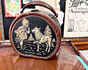 She wasn't quite sure about his furry guy - Red Riding Hood and the Wolf Case / Purse / Box w/ Clasp - Black & Brown - Vintage