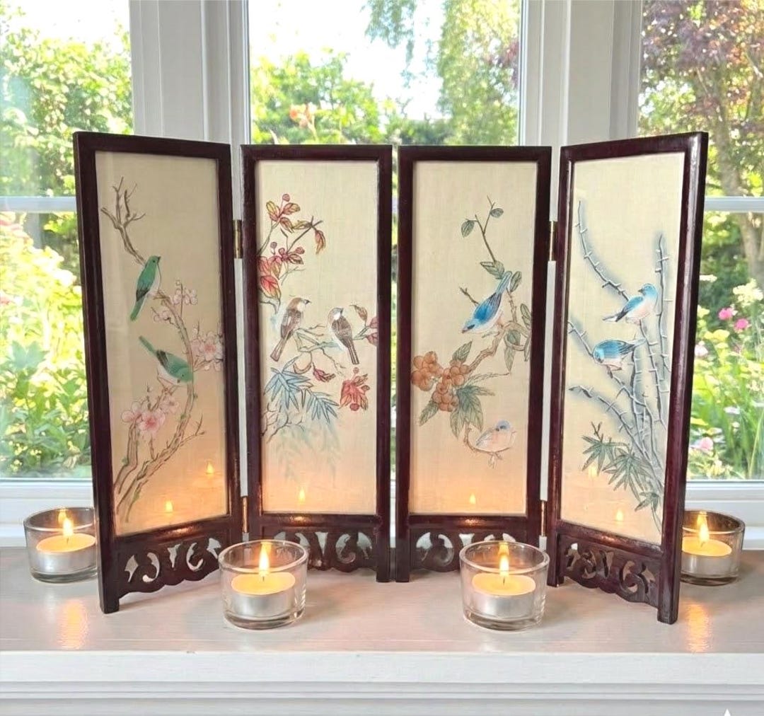 Table Screen Frame Folding Screen, Table Top, Vintage Wood Frame W/ Hand Painted Silk ...