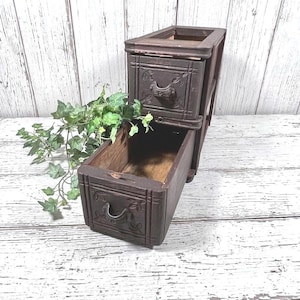 May include: A dark brown wooden storage unit featuring two stacked drawers with carved leaf patterns and metal pulls. The top drawer is closed, while the bottom drawer is pulled open, revealing a hollow interior. A green artificial ivy plant sits beside it.