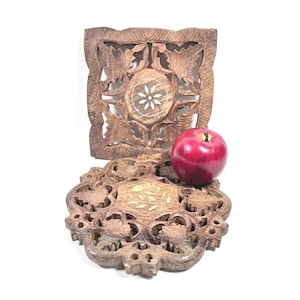 2 Carved Wood Trivets - Square & Roundish - Inlaid Bone