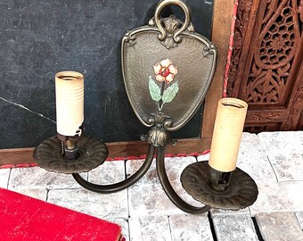 Wall Mount Double Arm Sconce Vintage - Late 1920 to 1930's - Electric Could Convert to Candle Holder - Painted Metal Flower Design