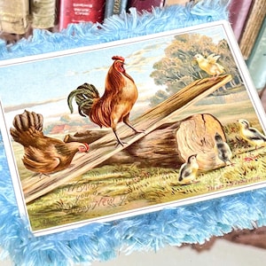 Silk Fringed 1900&#39;s Card - Chickens New Year & Christmas Silk Fringe Card w/ Tassels - Opens to show 4 images