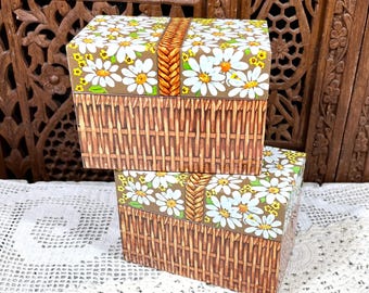 Hallmark Recipe File Box w/ Litho Print Daisy Basket Weave Pattern on Metal - One Box - Vintage Index Card Storage Container