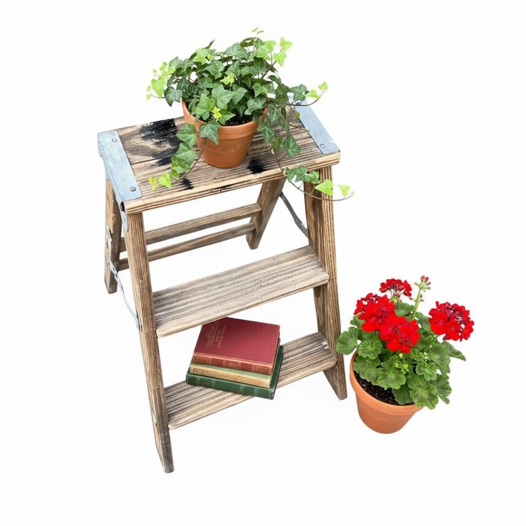 Folding Ladder, Wood Step Stool Vintage - Rustic Decor, Plant Stand ...