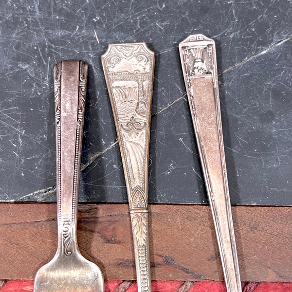 Flatware - Forks Various Pattern Mismatched Set of 3 - Chased Etched Image Railroad Train , Urn, Scroll - Holmes & Edwards